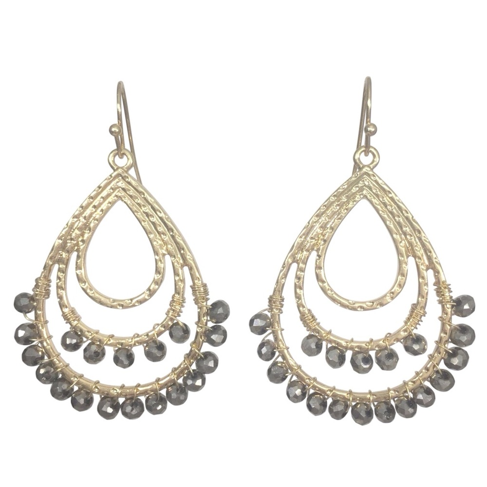 Hematite Grey Glass Bead Wrapped Triple Teardrop Gold Tone Dangle Earrings